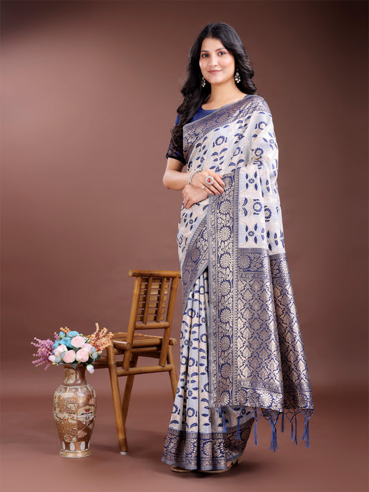 Astita White & Maroon Woven Linen Cotton Saree with Rich Zari Border – Soft Festive Wear Saree for Women