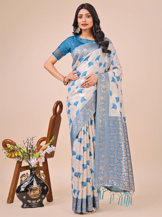Elegant Off-White & Sky Blue Linen Cotton Saree with Zari Woven Border and Pallu