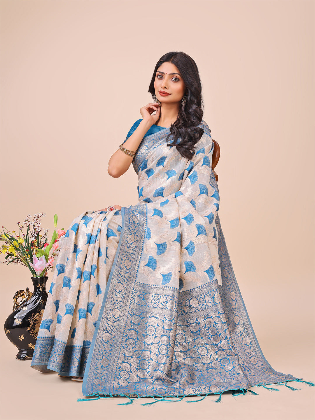 Elegant Off-White & Sky Blue Linen Cotton Saree with Zari Woven Border and Pallu