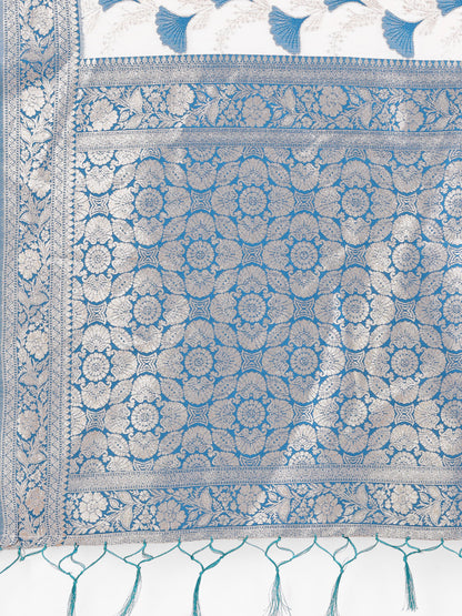 Elegant Off-White & Sky Blue Linen Cotton Saree with Zari Woven Border and Pallu