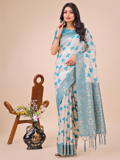 Elegant Off-White & Teal Linen Cotton Saree with Zari Woven Border and Pallu