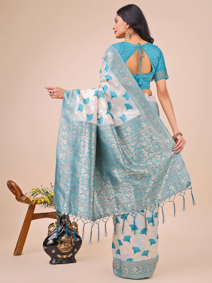 Elegant Off-White & Teal Linen Cotton Saree with Zari Woven Border and Pallu