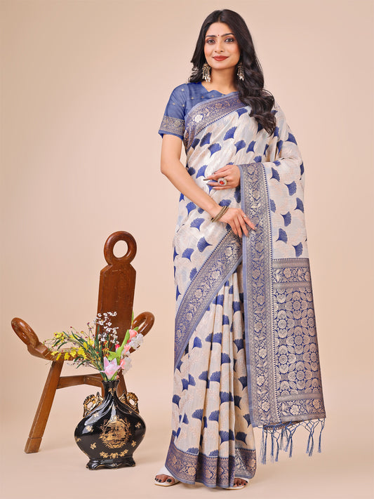 Elegant Off-White & Blue Linen Cotton Saree with Zari Woven Border and Pallu