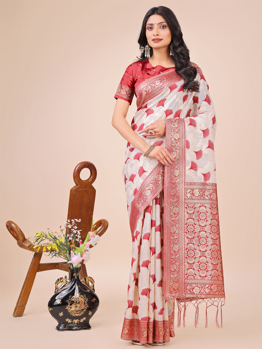 Elegant Off-White & Maroon Linen Cotton Saree with Zari Woven Border and Pallu