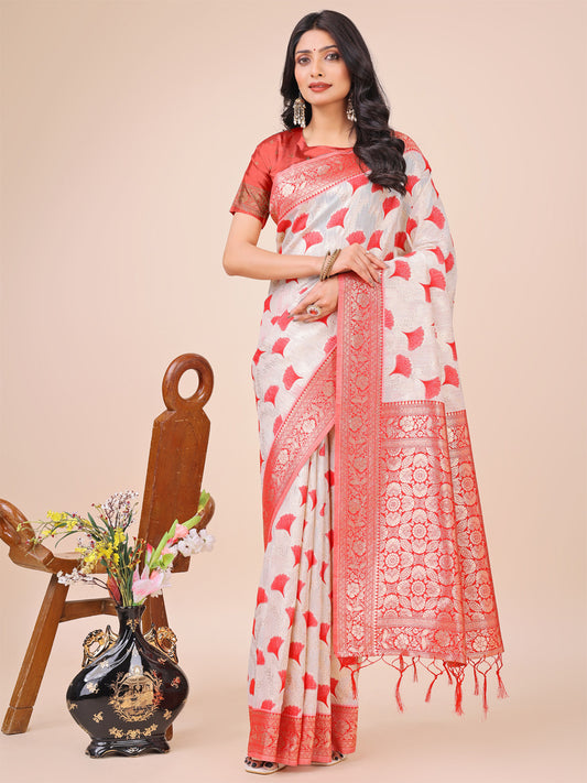 Elegant Off-White & Red Linen Cotton Saree with Zari Woven Border and Pallu