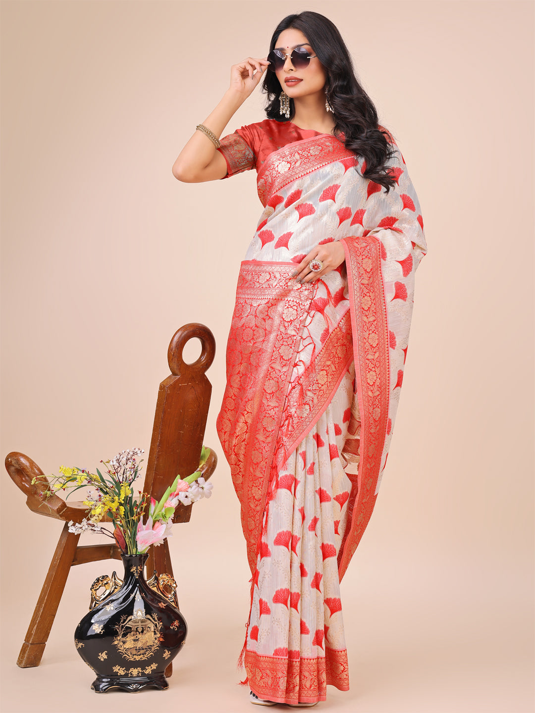 Elegant Off-White & Red Linen Cotton Saree with Zari Woven Border and Pallu