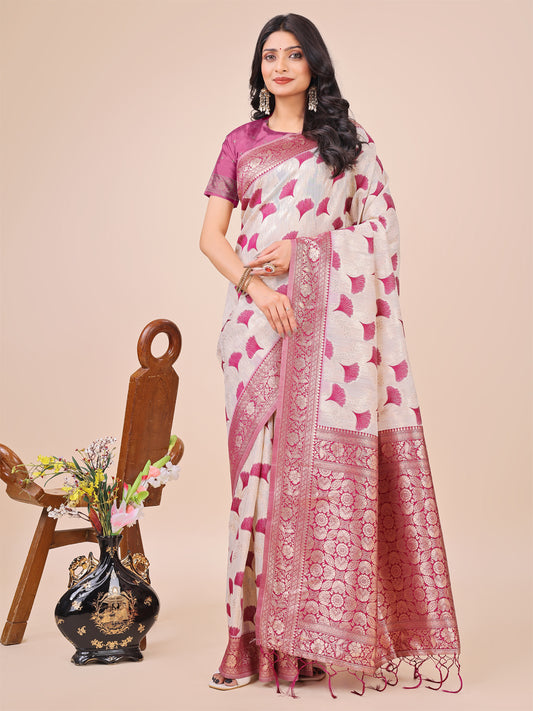 Elegant Off-White & Magenta Linen Cotton Saree with Zari Woven Border and Pallu