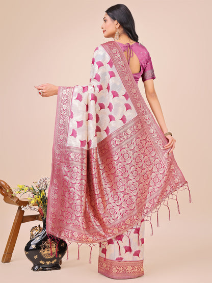 Elegant Off-White & Magenta Linen Cotton Saree with Zari Woven Border and Pallu