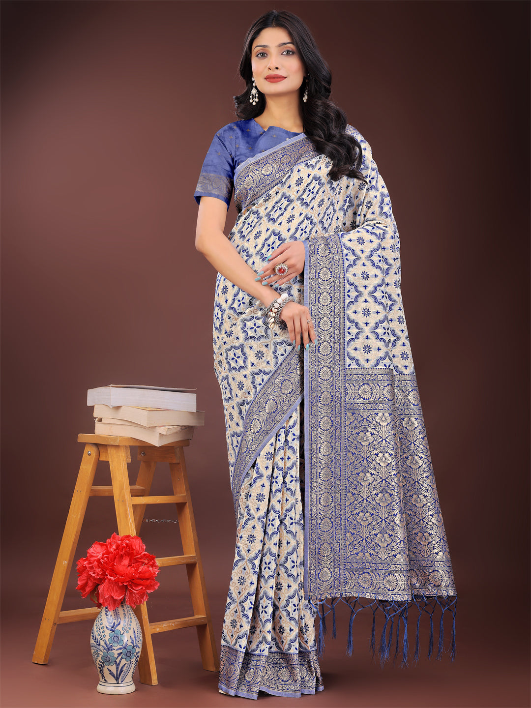 Astita Blue Linen Saree with Rich Woven Zari Work – Elegant Ethnic Saree for Festive & Office Wear