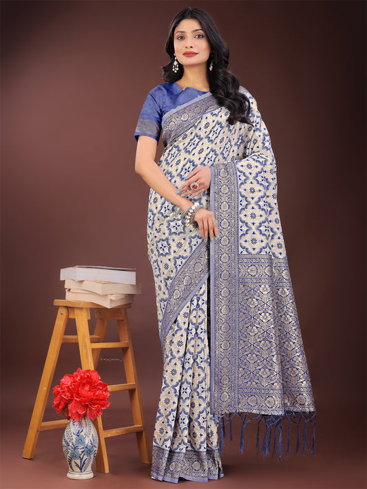 Astita Blue Linen Saree with Rich Woven Zari Work – Elegant Ethnic Saree for Festive & Office Wear