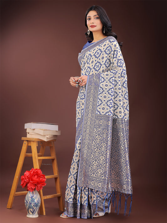 Astita Blue Linen Saree with Rich Woven Zari Work – Elegant Ethnic Saree for Festive & Office Wear