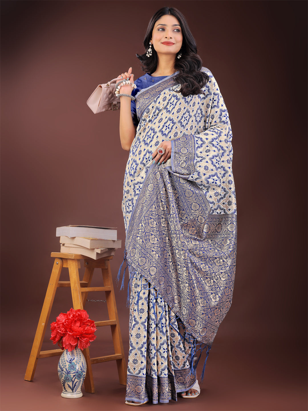 Astita Blue Linen Saree with Rich Woven Zari Work – Elegant Ethnic Saree for Festive & Office Wear