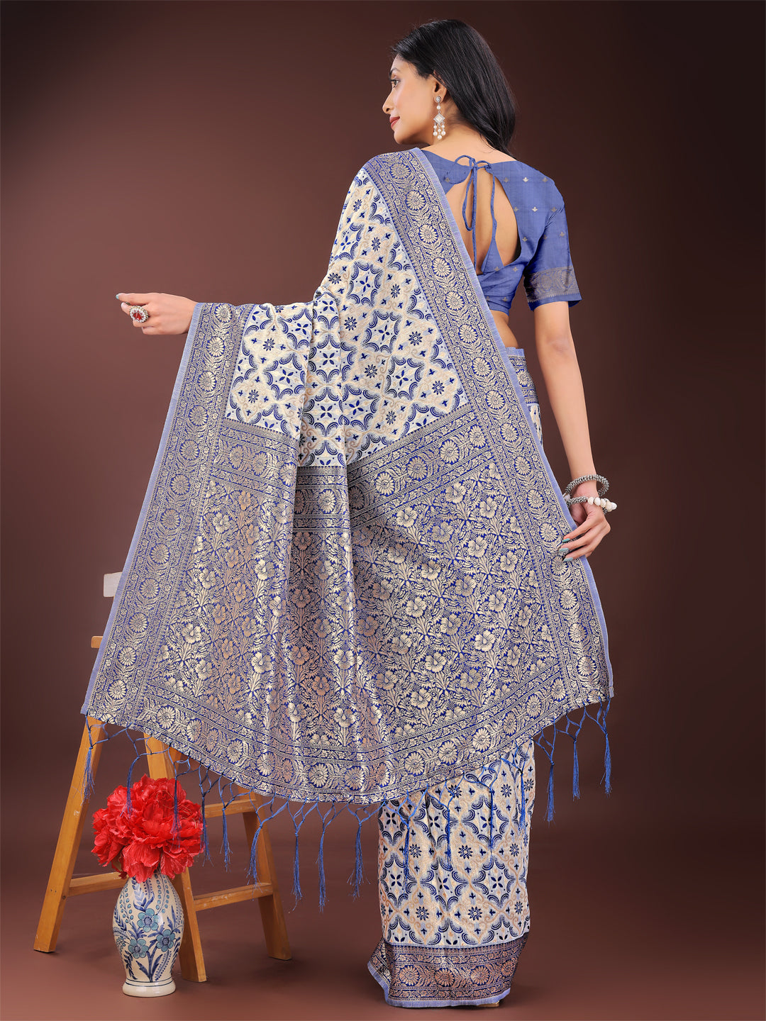 Astita Blue Linen Saree with Rich Woven Zari Work – Elegant Ethnic Saree for Festive & Office Wear