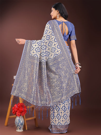 Astita Blue Linen Saree with Rich Woven Zari Work – Elegant Ethnic Saree for Festive & Office Wear