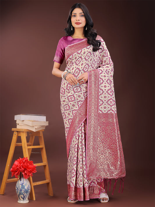 Astita Pink Linen Saree with Rich Woven Zari Work – Elegant Ethnic Saree for Festive & Office Wear