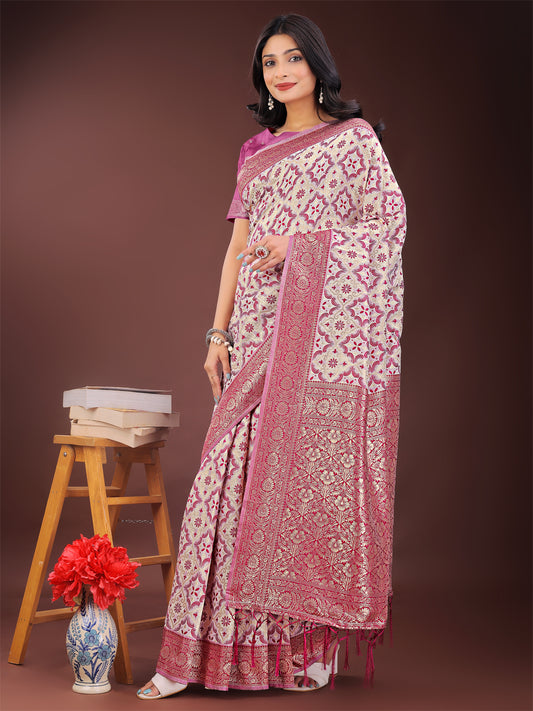 Astita Pink Linen Saree with Rich Woven Zari Work – Elegant Ethnic Saree for Festive & Office Wear