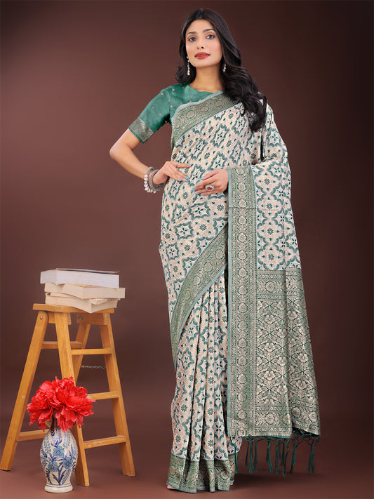 Astita Green Linen Saree with Rich Woven Zari Work – Elegant Ethnic Saree for Festive & Office Wear