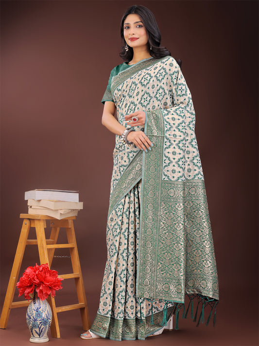 Astita Green Linen Saree with Rich Woven Zari Work – Elegant Ethnic Saree for Festive & Office Wear