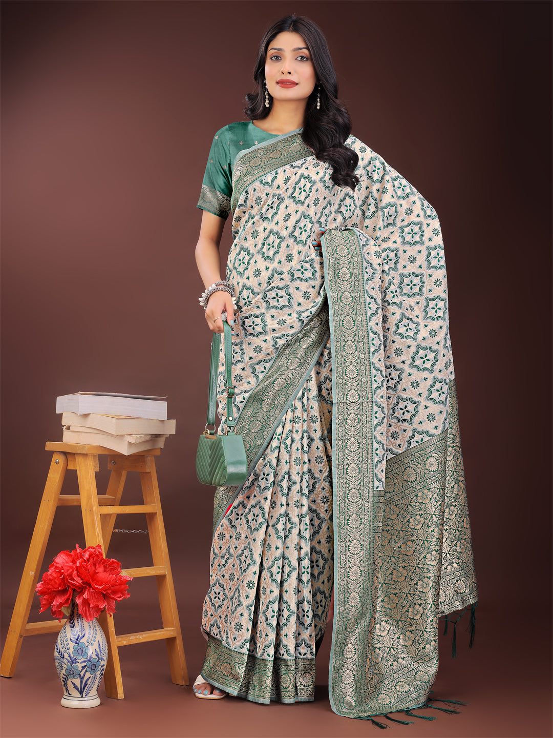 Astita Green Linen Saree with Rich Woven Zari Work – Elegant Ethnic Saree for Festive & Office Wear