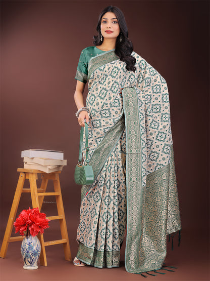 Astita Green Linen Saree with Rich Woven Zari Work – Elegant Ethnic Saree for Festive & Office Wear