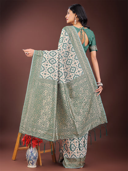Astita Green Linen Saree with Rich Woven Zari Work – Elegant Ethnic Saree for Festive & Office Wear