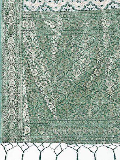 Astita Green Linen Saree with Rich Woven Zari Work – Elegant Ethnic Saree for Festive & Office Wear