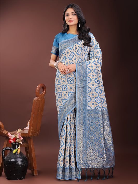 Astita Sky Blue Linen Saree with Rich Woven Zari Work – Elegant Ethnic Saree for Festive & Office Wear