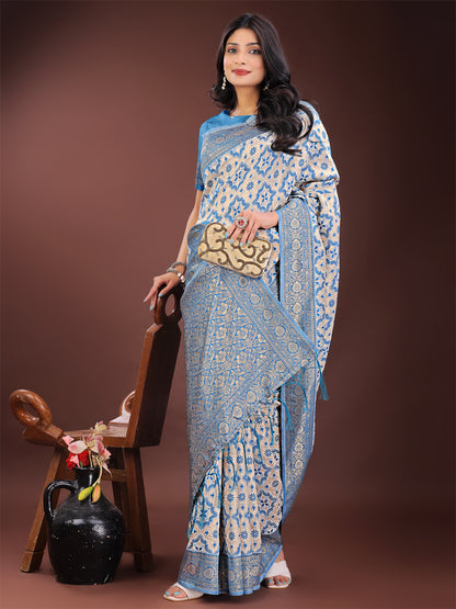 Astita Sky Blue Linen Saree with Rich Woven Zari Work – Elegant Ethnic Saree for Festive & Office Wear
