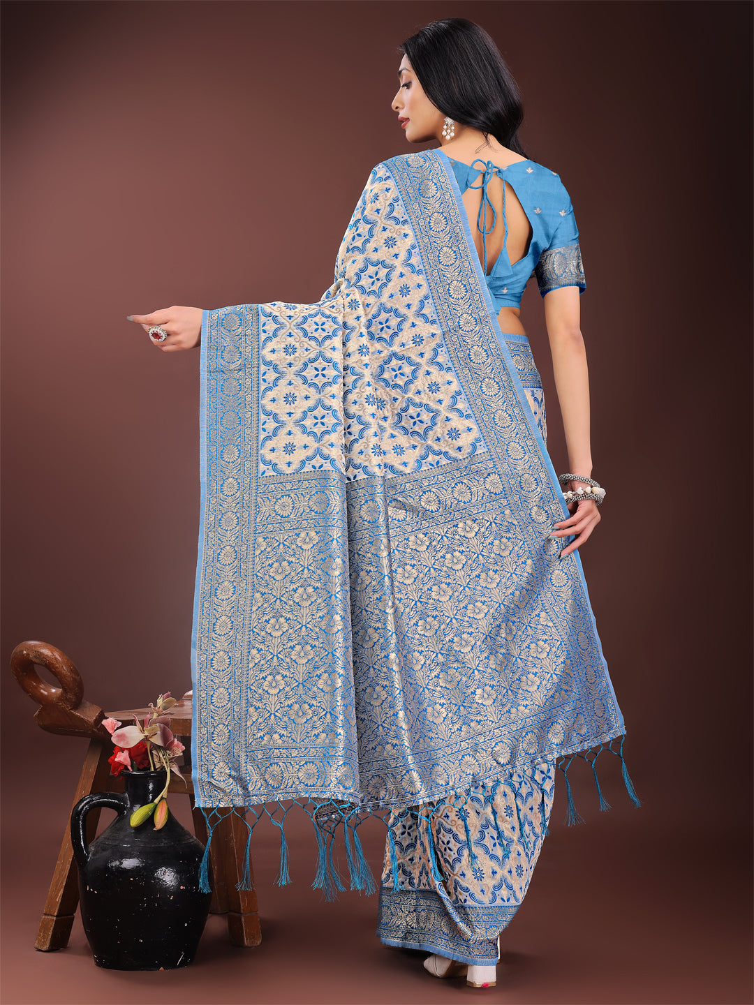 Astita Sky Blue Linen Saree with Rich Woven Zari Work – Elegant Ethnic Saree for Festive & Office Wear