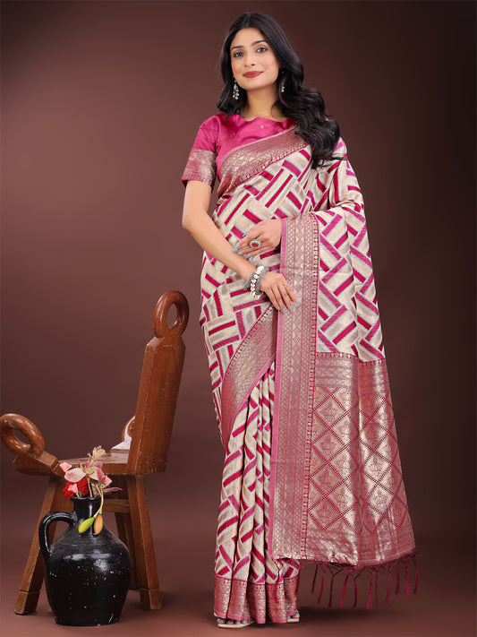 Astita Elegant Pink & Cream Linen Saree with Geometric Design and Zari Border – Festive & Party Wear