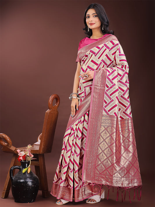Astita Elegant Pink & Cream Linen Saree with Geometric Design and Zari Border – Festive & Party Wear