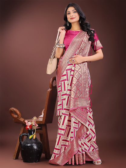 Astita Elegant Pink & Cream Linen Saree with Geometric Design and Zari Border – Festive & Party Wear