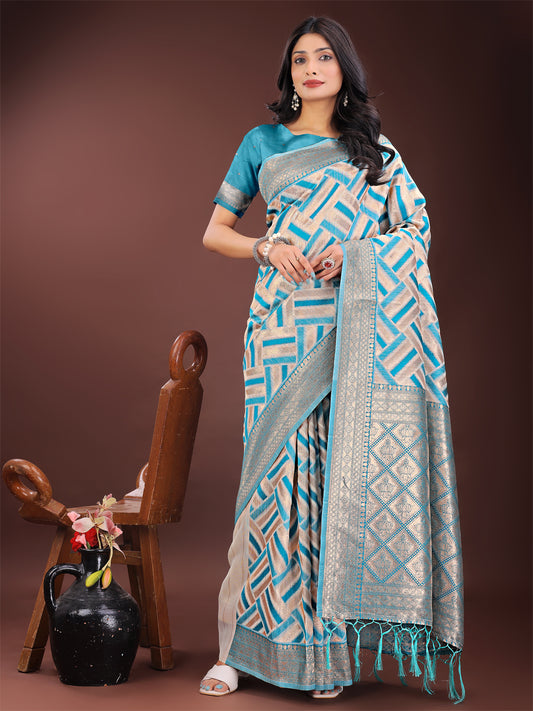 Astita Elegant Sea Green & Cream Linen Saree with Geometric Design and Zari Border – Festive & Party Wear
