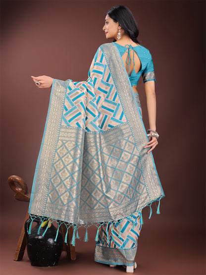 Astita Elegant Sea Green & Cream Linen Saree with Geometric Design and Zari Border – Festive & Party Wear