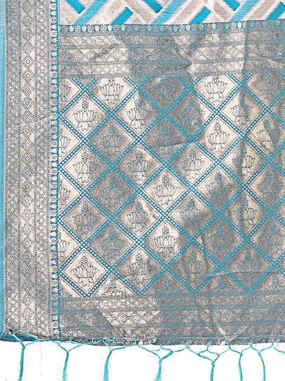 Astita Elegant Sea Green & Cream Linen Saree with Geometric Design and Zari Border – Festive & Party Wear