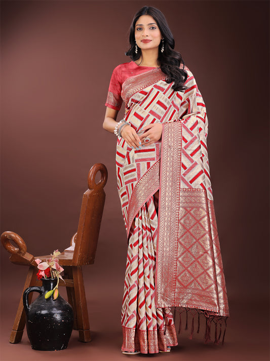 Astita Elegant Red & Cream Linen Saree with Geometric Design and Zari Border – Festive & Party Wear