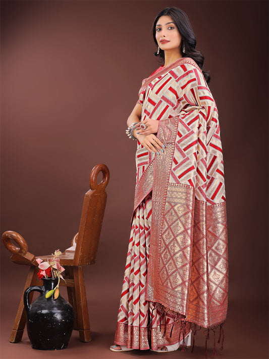 Astita Elegant Red & Cream Linen Saree with Geometric Design and Zari Border – Festive & Party Wear