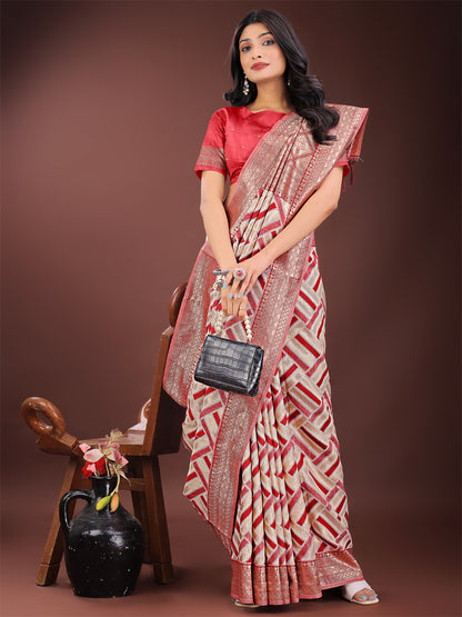 Astita Elegant Red & Cream Linen Saree with Geometric Design and Zari Border – Festive & Party Wear