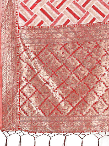 Astita Elegant Red & Cream Linen Saree with Geometric Design and Zari Border – Festive & Party Wear