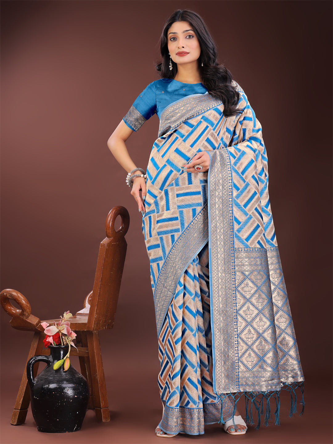 Astita Elegant Sky Blue & Cream Linen Saree with Geometric Design and Zari Border – Festive & Party Wear