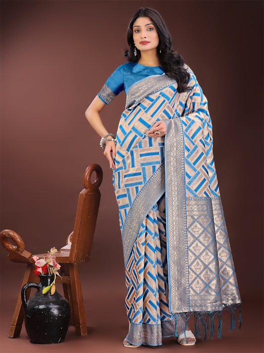 Astita Elegant Sky Blue & Cream Linen Saree with Geometric Design and Zari Border – Festive & Party Wear