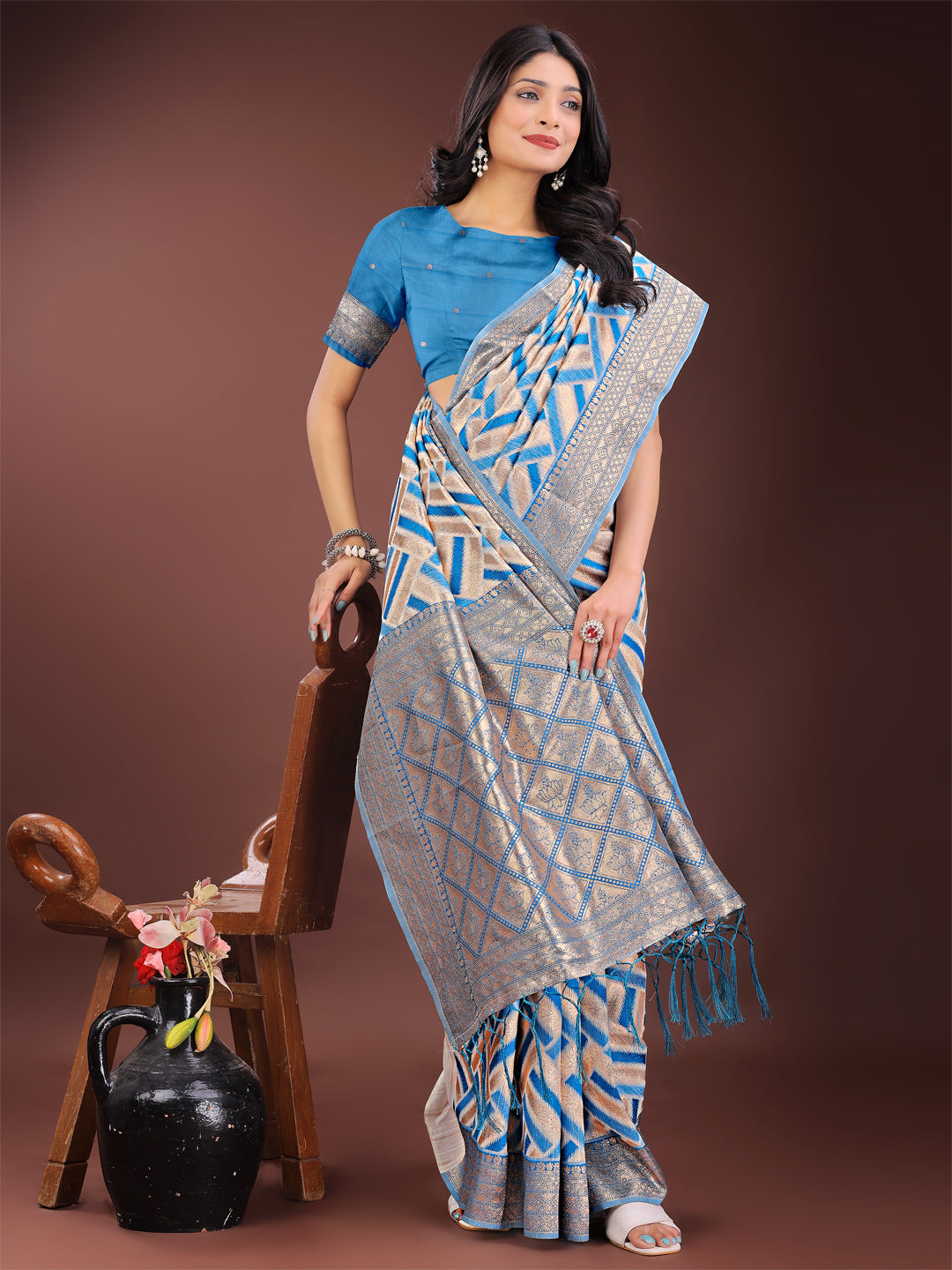Astita Elegant Sky Blue & Cream Linen Saree with Geometric Design and Zari Border – Festive & Party Wear