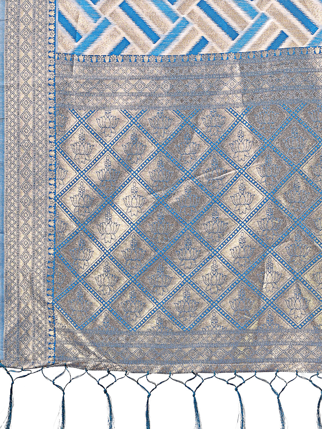 Astita Elegant Sky Blue & Cream Linen Saree with Geometric Design and Zari Border – Festive & Party Wear