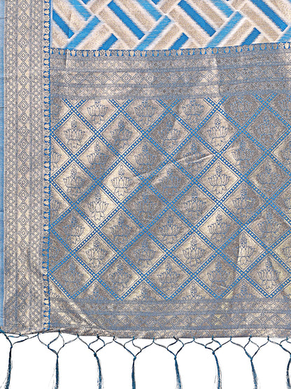 Astita Elegant Sky Blue & Cream Linen Saree with Geometric Design and Zari Border – Festive & Party Wear