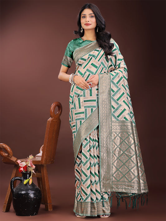 Astita Elegant Green & Cream Linen Saree with Geometric Design and Zari Border – Festive & Party Wear