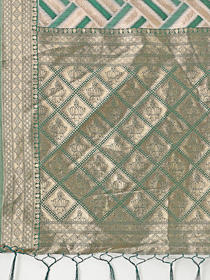 Astita Elegant Green & Cream Linen Saree with Geometric Design and Zari Border – Festive & Party Wear