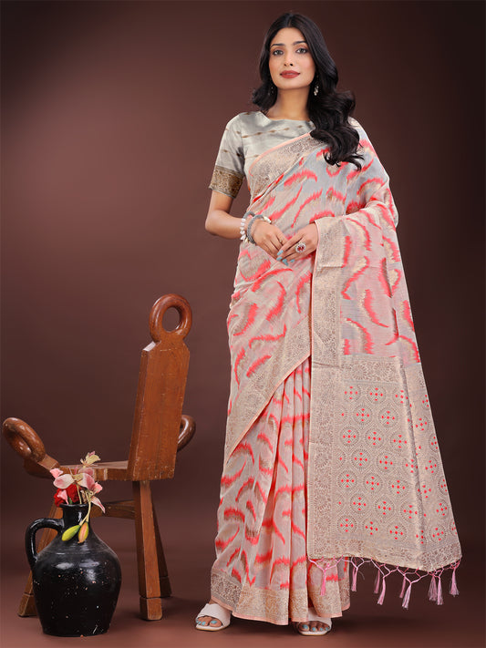Astita Elegant Beige & Coral Linen Saree with Zari Border and Abstract Pattern – Premium Festive & Office Wear