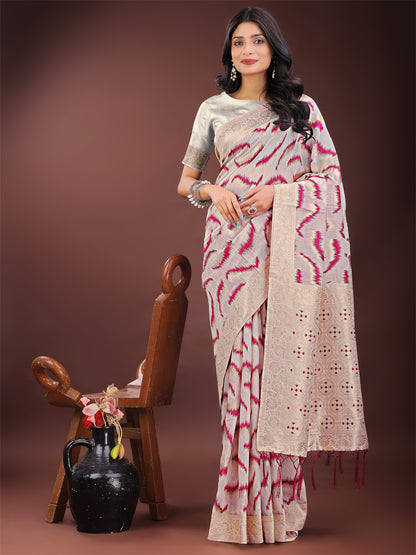 Astita Elegant Beige & Coral Linen Saree with Zari Border and Abstract Pattern – Premium Festive & Office Wear