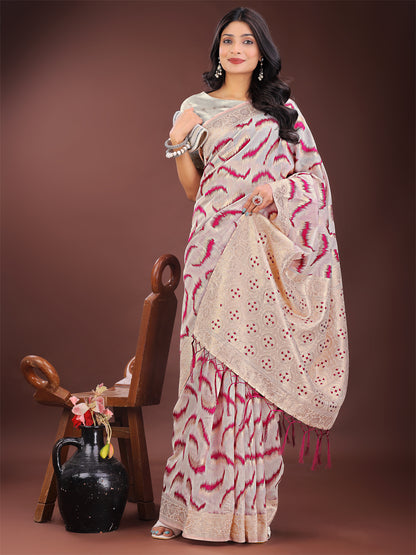 Astita Elegant Beige & Coral Linen Saree with Zari Border and Abstract Pattern – Premium Festive & Office Wear