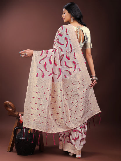 Astita Elegant Beige & Coral Linen Saree with Zari Border and Abstract Pattern – Premium Festive & Office Wear